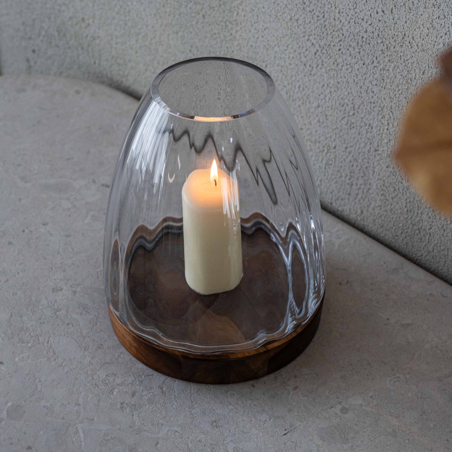 Oval Glass Candle Holder with Wooden Base