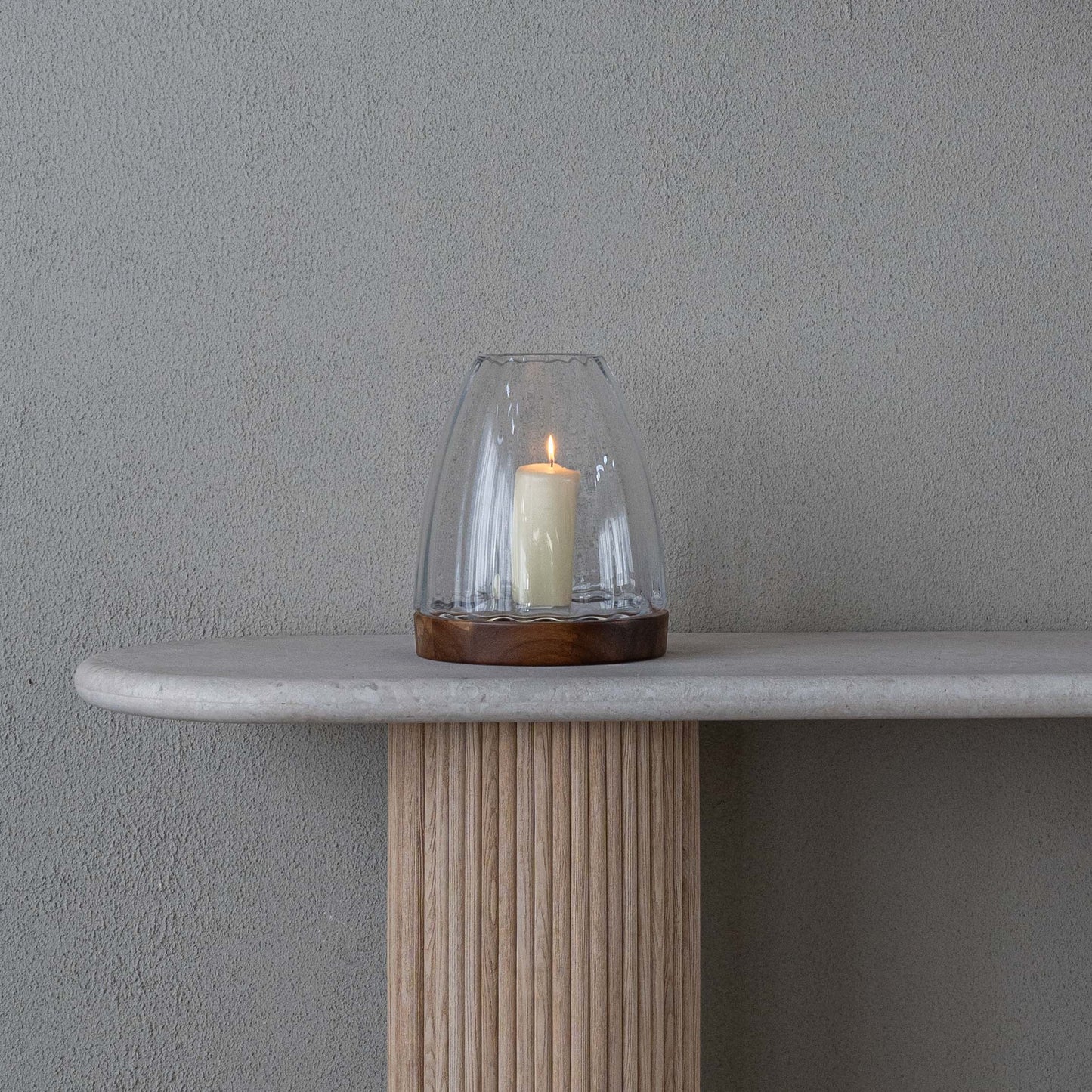 Oval Glass Candle Holder with Wooden Base